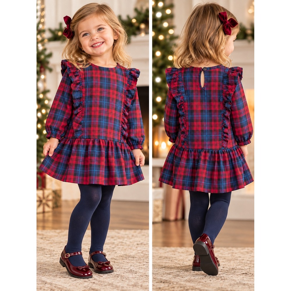 Tea Collection Dress Plaid Ruffle Trim Long Sleeve Holiday Preppy Size 2T
